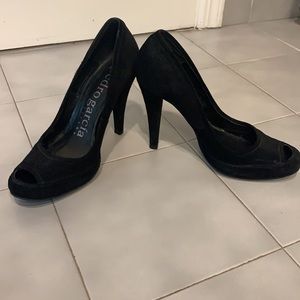 Size 38, Black nubuck peep-toe heels